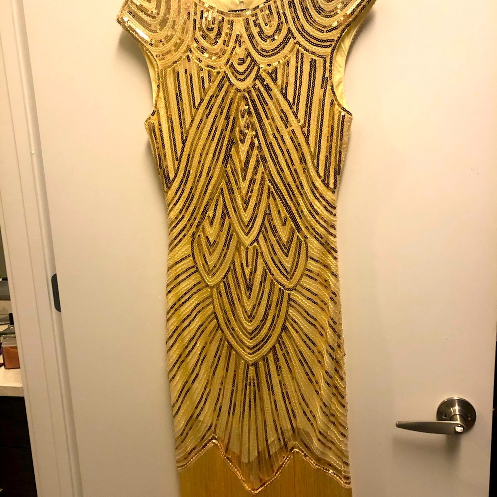 1920s Flapper Dress - gold & white sequins - small